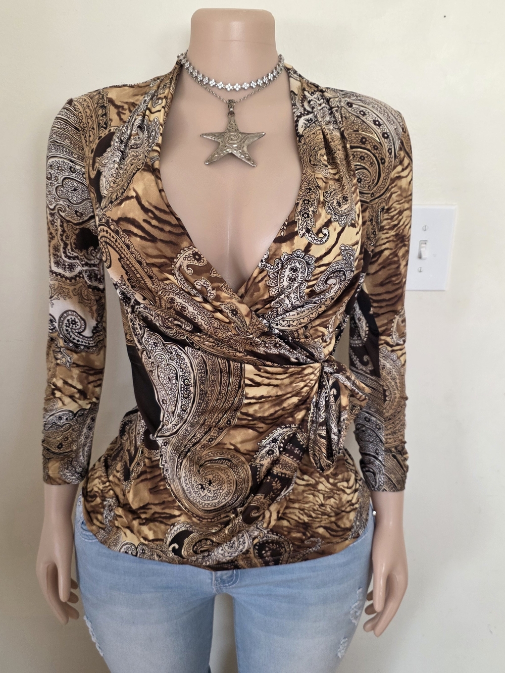 Cache Brown Black Paisley Wrap Top